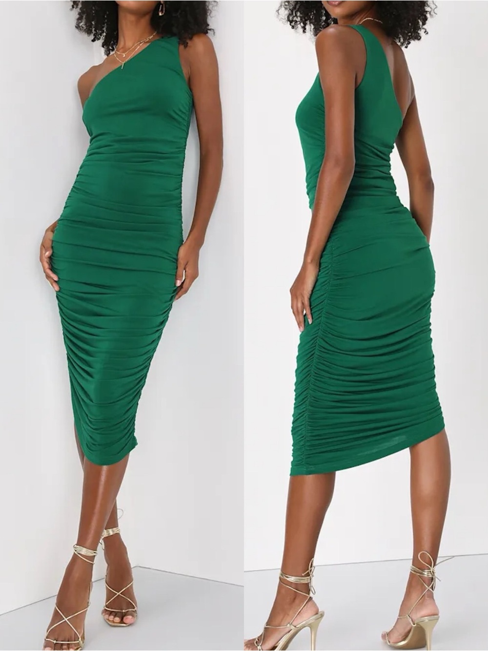 Lulus | Total Appeal Hunter Green Ruched One-Shoulder Bodycon Midi Dress
